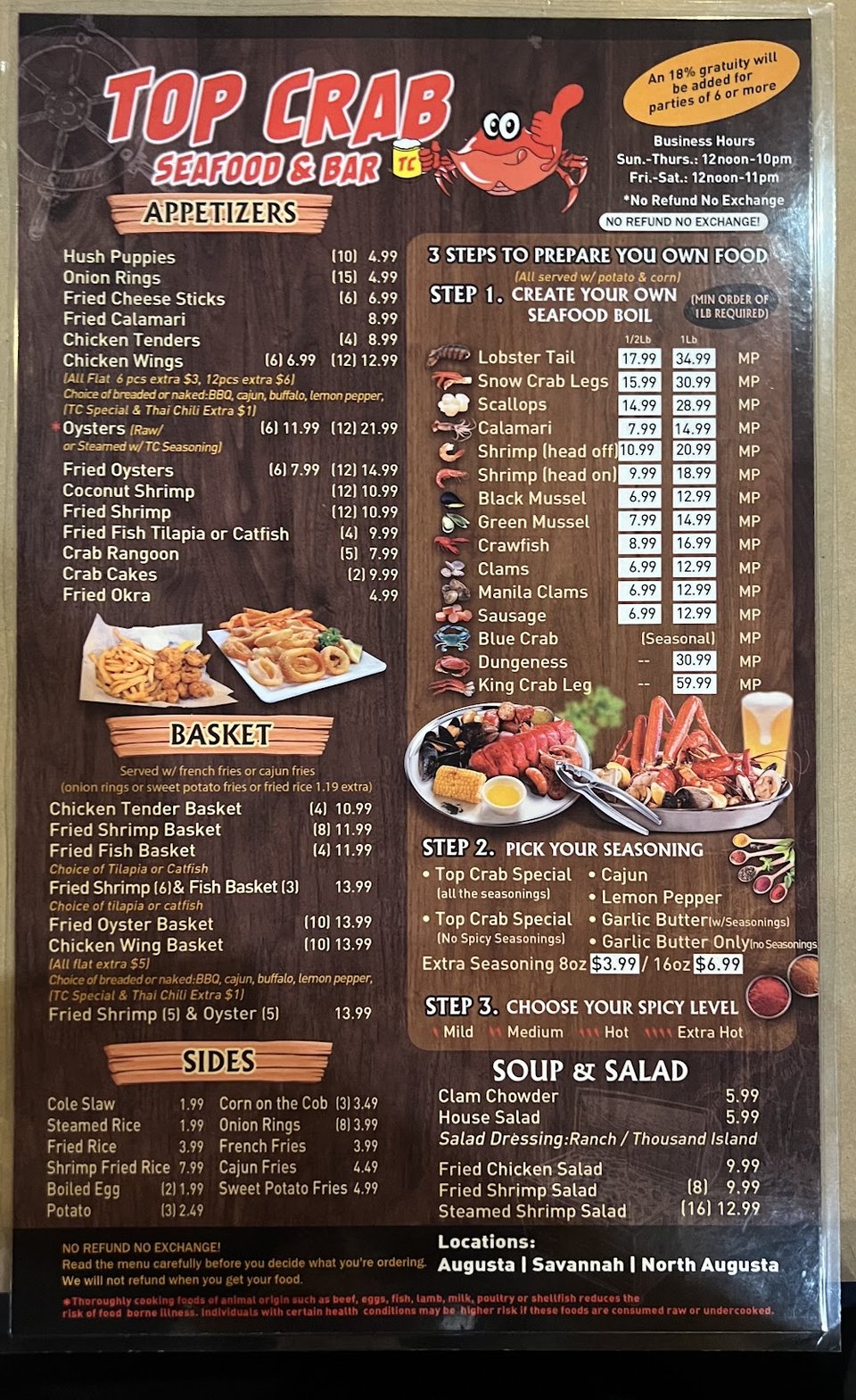 Printed seafood menu with baskets and salads