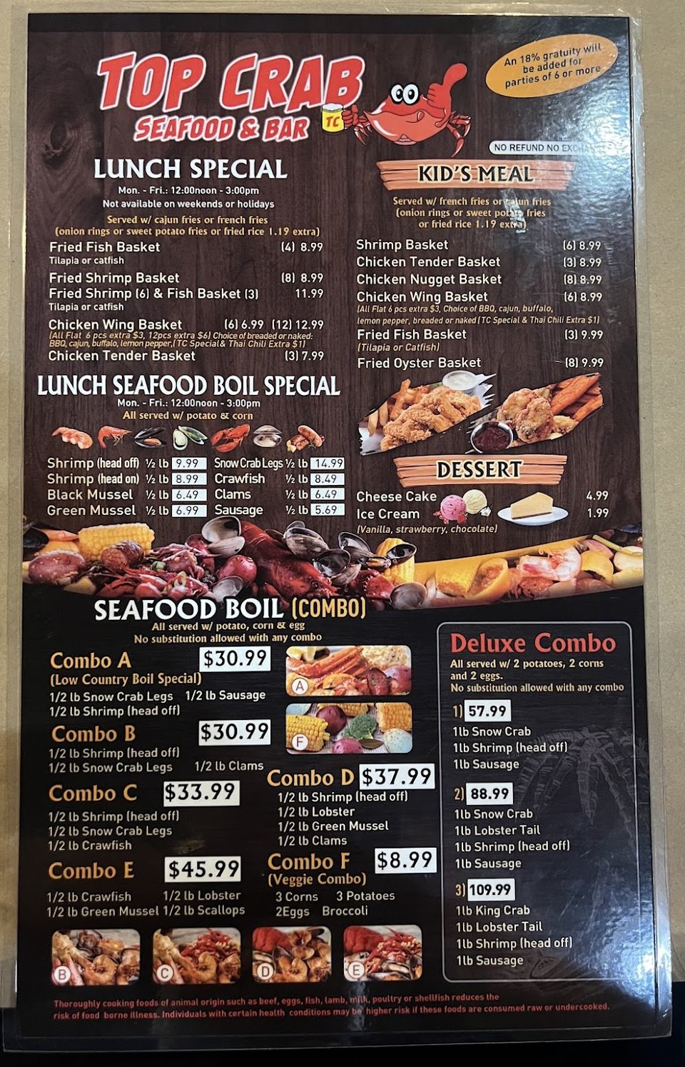 Menu page showing lunch specials and sides