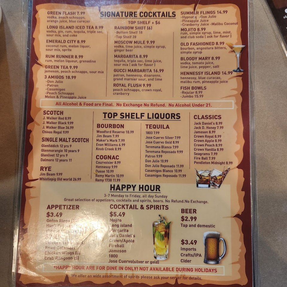 Close-up of seafood dishes listed on a menu